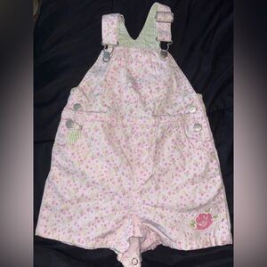 Pink and green floral toddler girl overall shorts